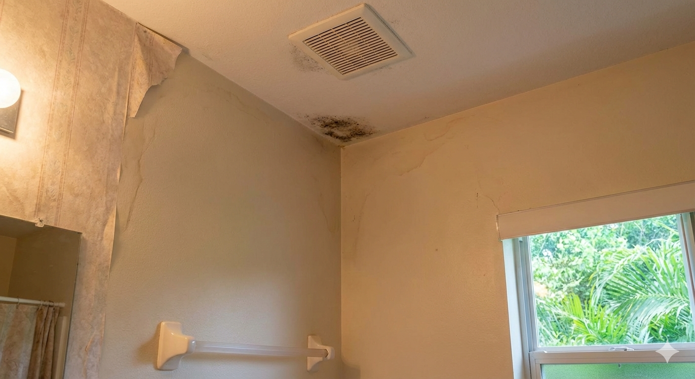 Visual guide showing common signs of mold in Orlando homes including water stains and musty odors