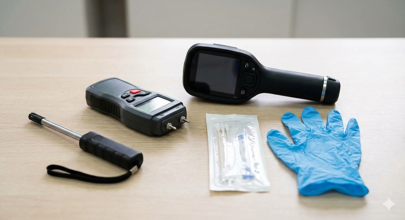 Professional mold inspection equipment including moisture meter and thermal camera