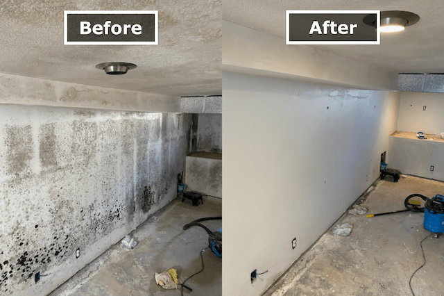 Mold remediation before and after comparison showing clean restored room