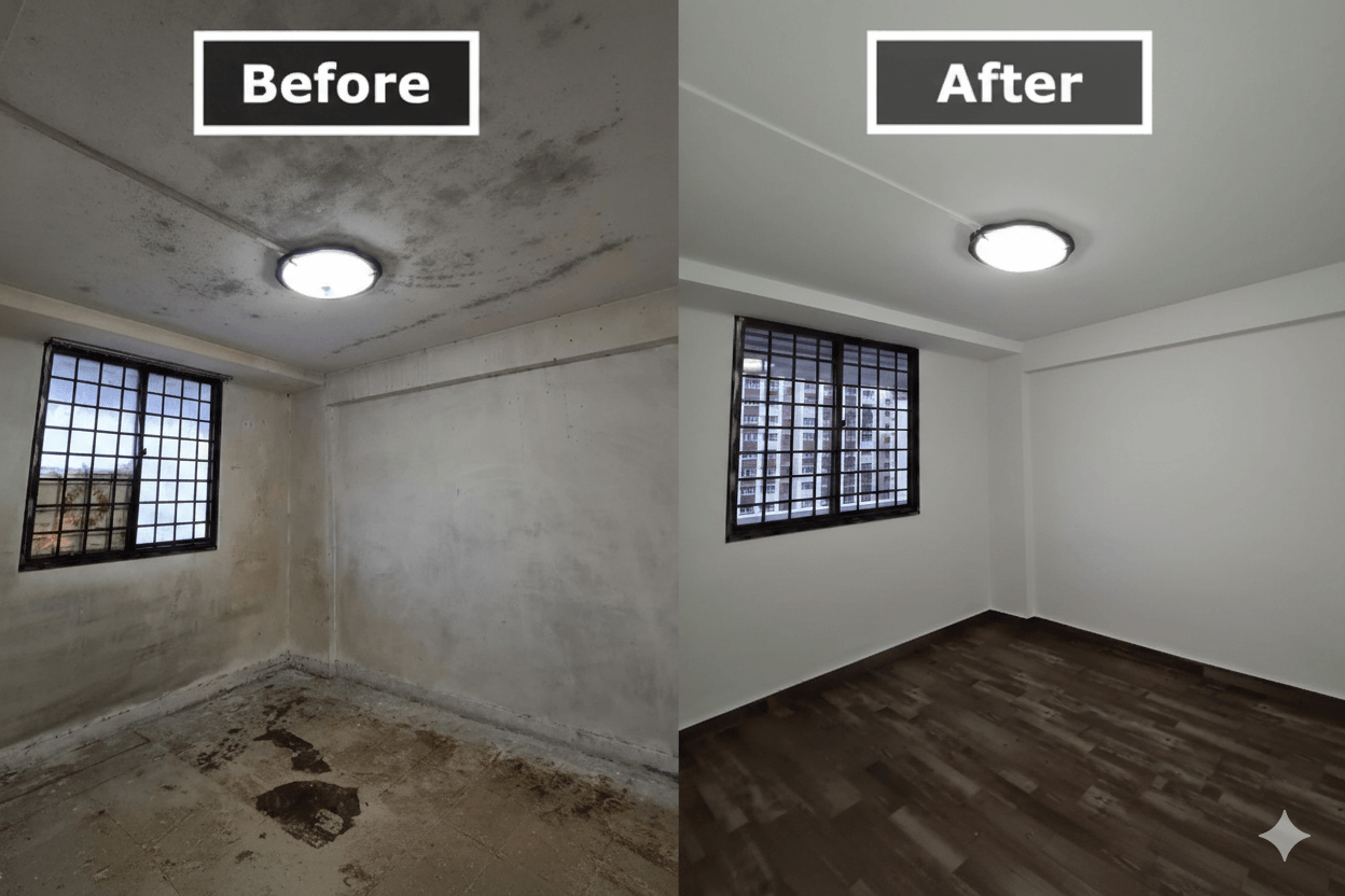 Basement mold removal before and after showing complete restoration