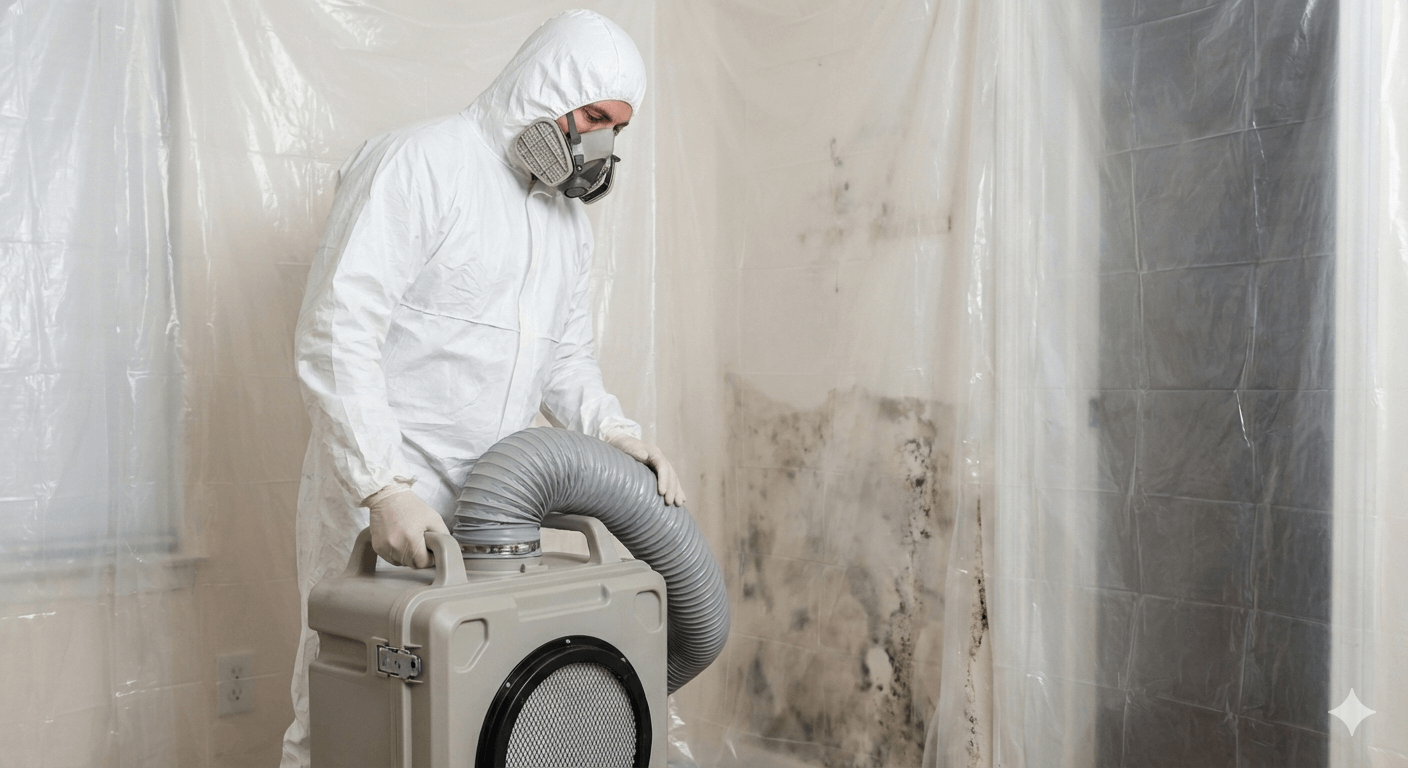 Professional mold removal specialist with protective equipment and HEPA filters